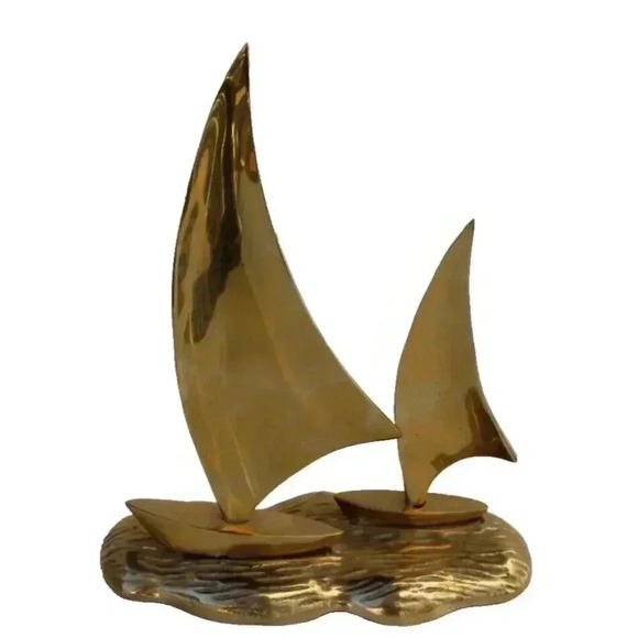 Vintage MCM NAUTICAL Solid Large Brass Sailing Boat Statue Figure Room Decor - Picture 2 of 2
